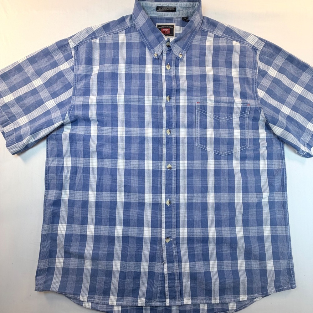 Wrangler Hero Button Down Shirt Mens XL Blue Plaid Short Sleeve Cotton Casual